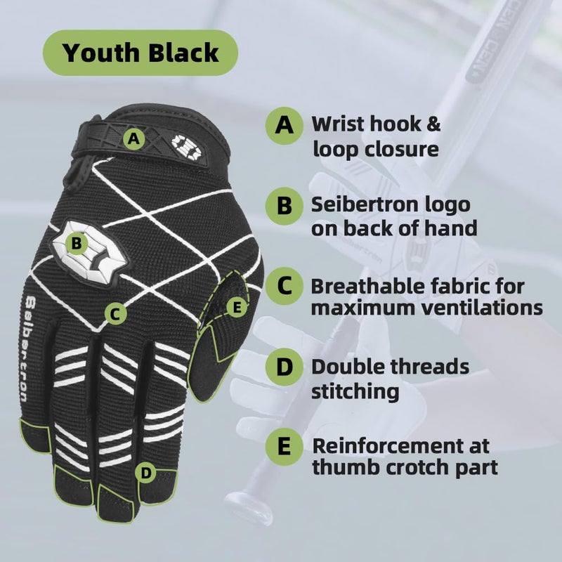 Seibertron B-A-R PRO 2.0 Signature Baseball/Softball Batting Gloves Super Grip Finger Fit for Youth Black S - Image 2